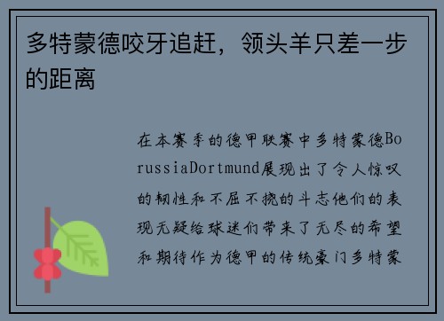 多特蒙德咬牙追赶，领头羊只差一步的距离